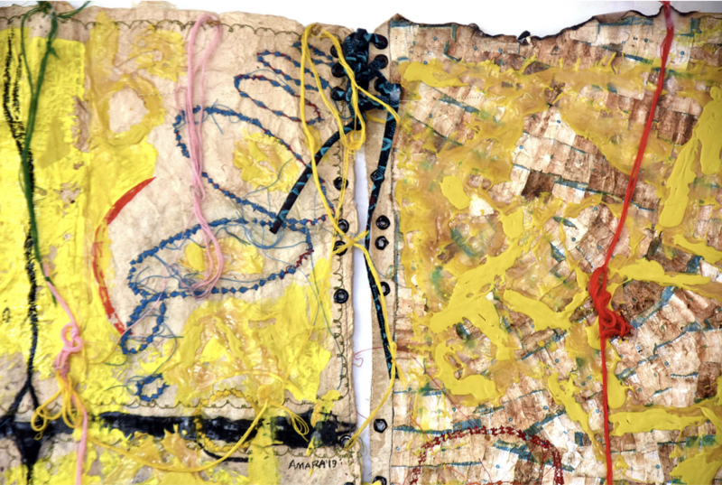 Mixed-media artwork titled Bright Room: Illuminate (2019) by Amarachi Okafor, measuring 98 x 98 cm. The textured composition features layers of handmade paper, woven materials, and vibrant yellow paint, accented with stitched and knotted threads in red, blue, pink, and green.